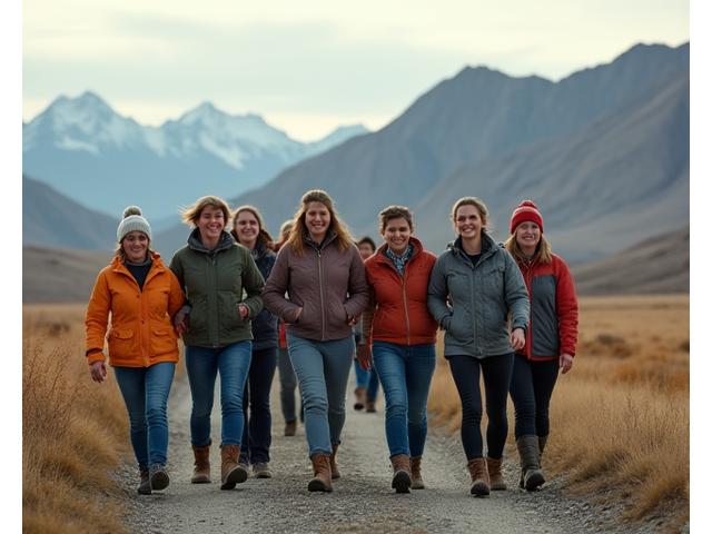 Group of diverse women on a backcountry trail in the Yukon desert, smiling and supporting each other, with rugged mountains and a wide sky in the background.