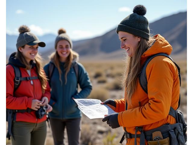Group of women gathered around a map with a female guide, learning navigation skills in the Yukon wilderness.