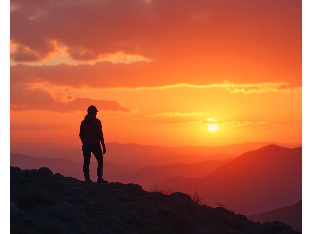 A woman standing confidently atop a small hill, looking out over a vast Yukon desert landscape at sunset, symbolizing personal achievement and transformation.